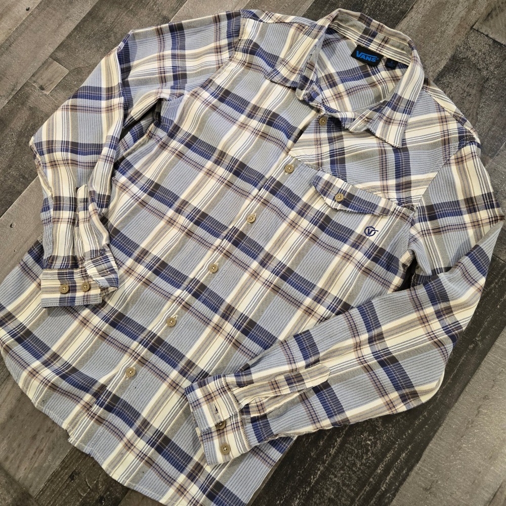 Vans Off The Wall Mens Size Small Blue Tan Cream Plaid Long Sleeve Skatewear